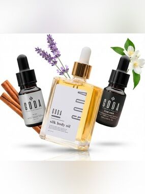 GODA Gift Set: Silk Body Oil, For Her Fragrance Oil, and For Him Fragrance Oil